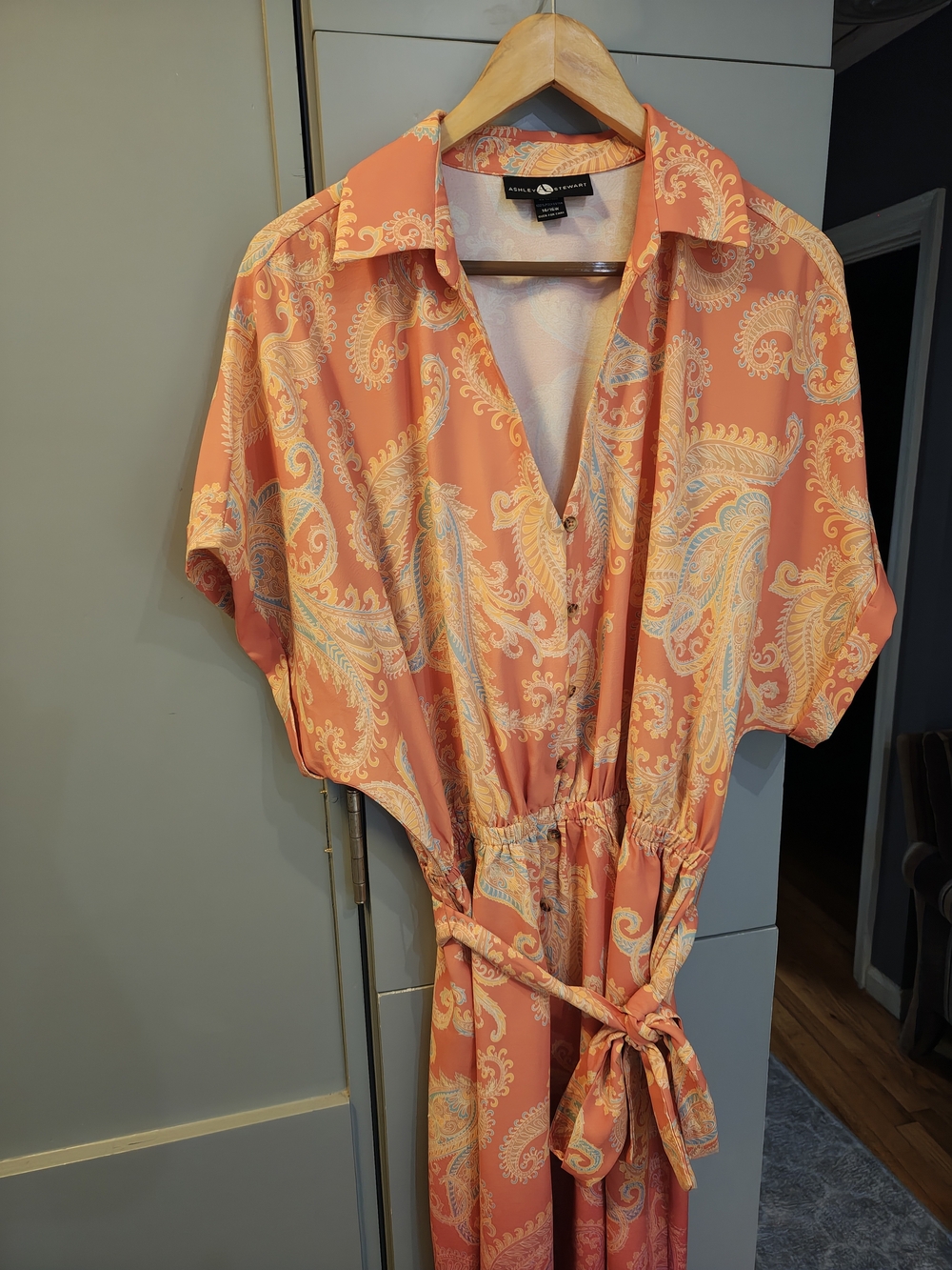 Ashley Stewart Coral and Turquoise Paisley Button Shirt